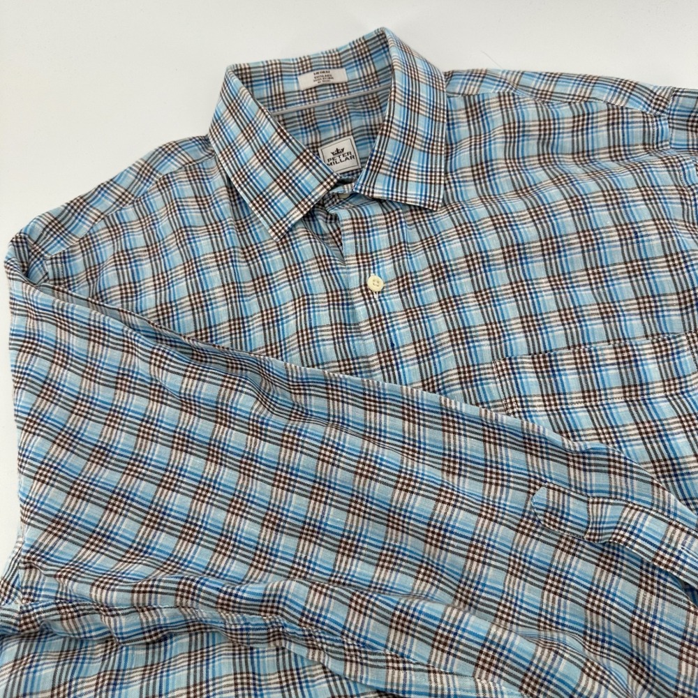 Peter Millar Men's‎ Medium 100% Linen Plaid Button Down Long Sleeve Shirt